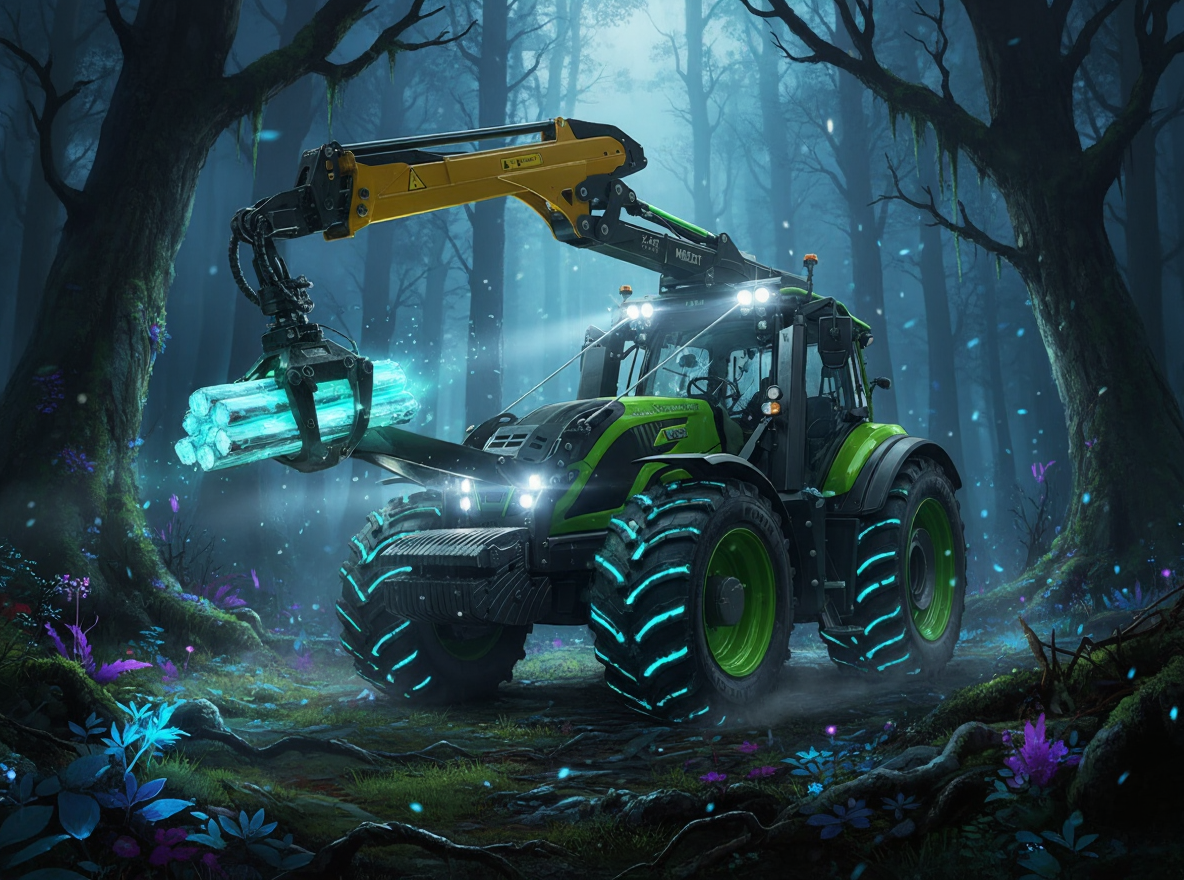 Valtra forest tractor in mystical forest setting